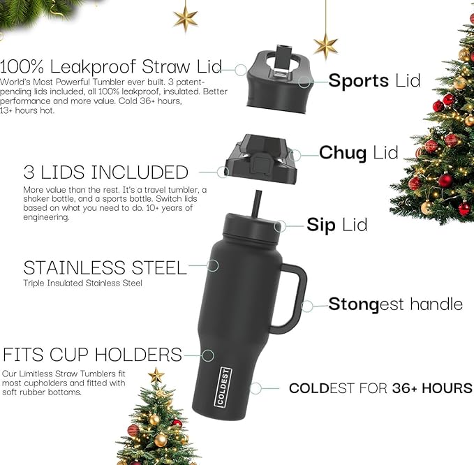 Coldest Tumbler with Handle and Straw - 100% Leak Proof Insulated Tumbler with Lid and Straw (3 Lids) - Stainless Steel Tumblers for Women & Men, Cup Holder Friendly Base, 46 oz (Polished Steel)