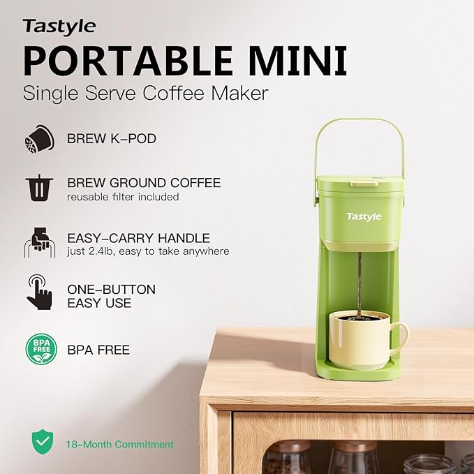 Tastyle Single Serve One Cup Coffee Maker, for K Cups and Grounds, Mini Coffee Maker with Portable Handle, 6 to 12 Oz Brew Size, for Travel, Camping, Office, RV and Dorm, 120V, Lime Green
