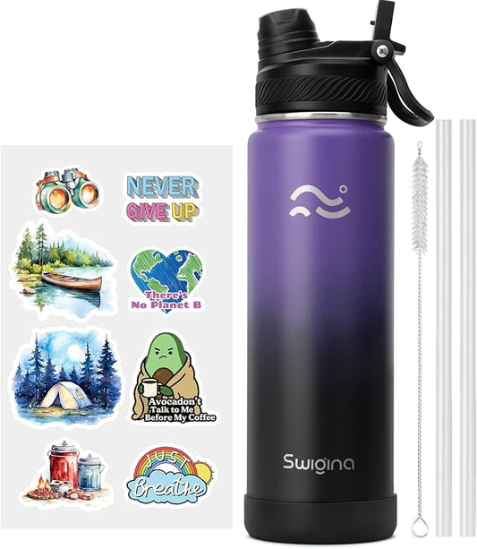 Swigina [2-IN-1 LID] Insulated Water Bottle with Silicone Boot (36hrs Cold/18hrs Hot) - DIY Stickers, Leakproof, BPA Free, 24 oz