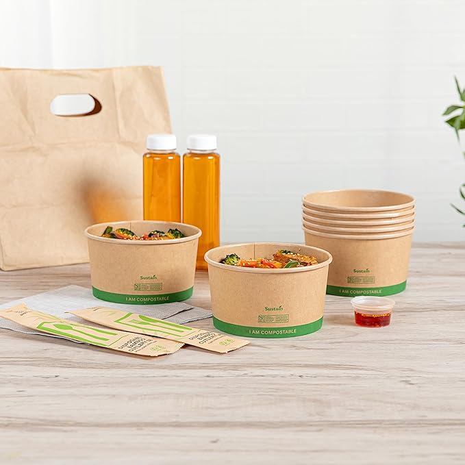 Restaurantware Compostable Paper Food Containers 200 Pack Of 34 oz BPI-Certified Round Kraft Salad Bowls Disposable Grease-Resistant Meal Prep Take Out Containers For Ice Creams, Soups, Snacks