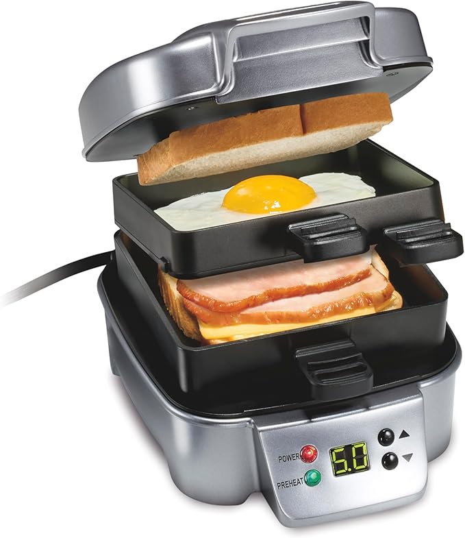 Hamilton Beach Sandwich Stacker Customizable Hot Sandwich Maker, 24 Sq. In. Non-Stick PFAS-Free Cooking Surfaces, Built-In Timer, Compact, Dishwasher-Safe, Perfect White Elephant Gifts, Silver (25471)