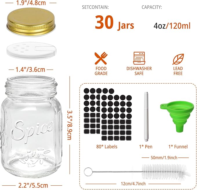 CycleMore 30 Pack 4oz Glass Mason Spice Jars, Round Spice Containers with Gold Metal Caps and Pour/Sift Shaker Lids-80pcs Labels,1pcs Silicone Collapsible Funnel,1Brush and Pen Included
