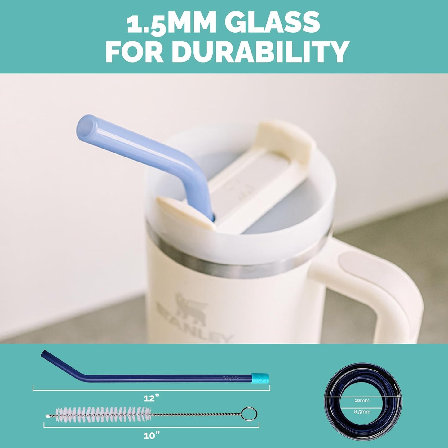 Simply Straws 12 Inch Glass Straws Bent (6-Pack) – Reusable Glass Straws for Stanley 40 Oz Tumbler, with Cleaning Brush – Durable, Dishwasher Safe, Hot & Cold Use, BPA-Free (Pearl)