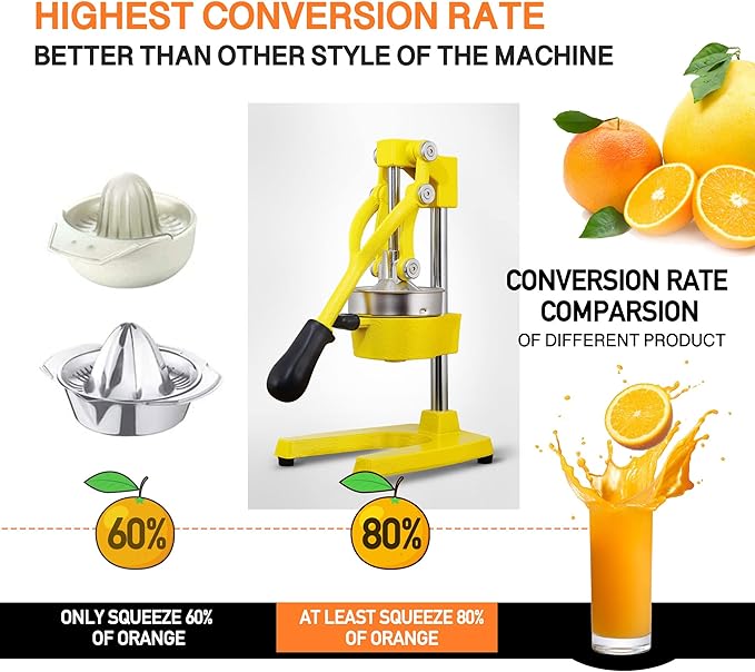 Commercial Heavy Duty Cast Iron Hand Press Manual Orange Citrus Lemon Lime Grapefruit Pomegranate Fruit Juice Squeezer Machine with Stainless Steel Cup Yellow