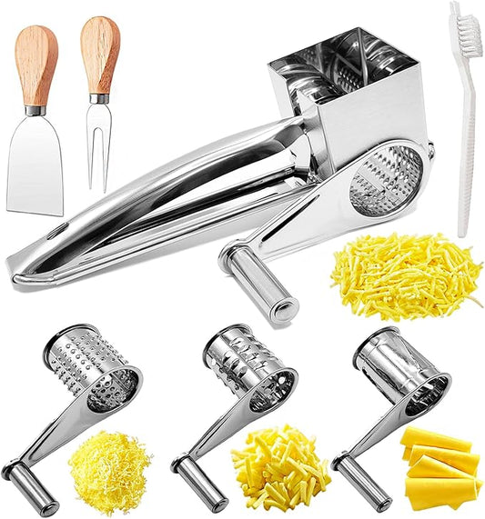 Cheese Grater set, Stainless steel Parmesan Cheese Grater, Comes with 4 stainless steel planer barrels for cheese, nuts, chocolate and more, With Cheese knife set and cleaning brush