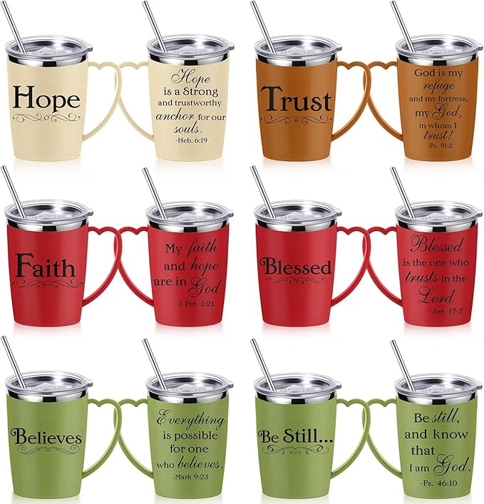 6 Pcs Christian Coffee Mugs Bulk Large 16 oz Religious Tumblers Stainless Steel Insulated Cups with Handle Lid Straw Brushes Bible Verses Scripture Quotes for Women Men Church Gifts