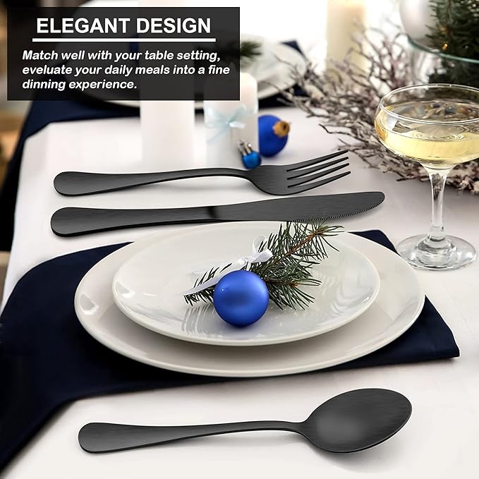 LIANYU 60 Piece Matte Black Silverware Flatware Set, Stainless Steel Satin Finish Black Flatware Cutlery Set for 12, Fancy Kitchen Utensil Tableware for Home Restaurant Party, Dishwasher Safe