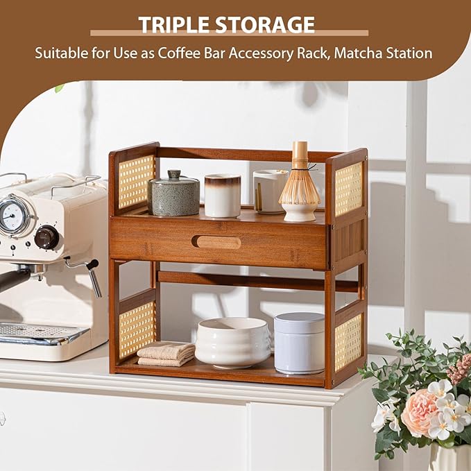 Yalikop Matcha Station Organizer 2 Tier Bamboo Mug Stand Shelf with Hidden Drawer Home Coffee Station Organizer for Whisk Set Bowl Cup Kitchen Countertops Bars 15.75" x 7.87" x 15.35"(Brown)
