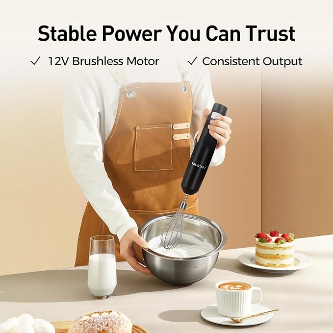 Cordless Immersion Hand Blender (Stick Blender) – Smooth, Controlled Blending for Everyday Cooking, 12V Brushless Motor, Pressure-Sensitive Variable Speed, USB-C Rechargeable, Easy-Clean (Black)