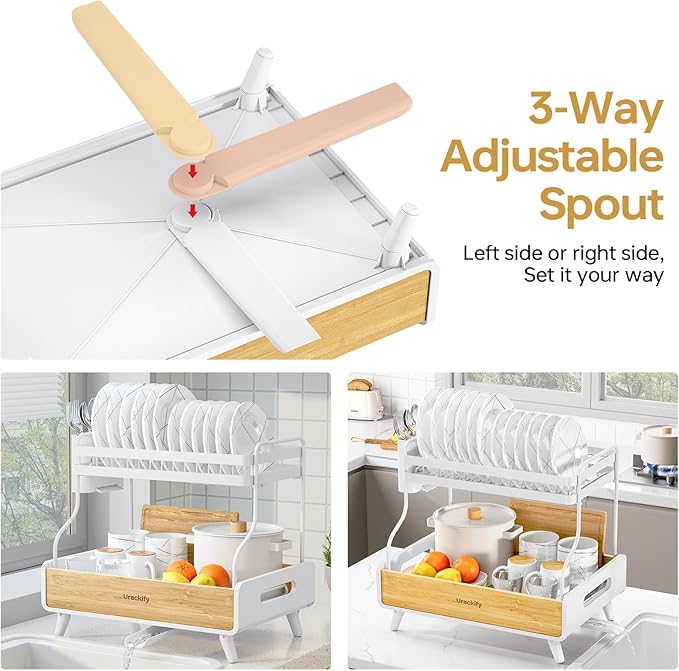Urackify 2-Tier Dish Drying Rack, Large Stainless Steel & Bamboo Dish Rack for Kitchen Counter, Dish Drainers with Adjustable Automatic Spout, Drying Rack Kitchen with Utensil Holder, White