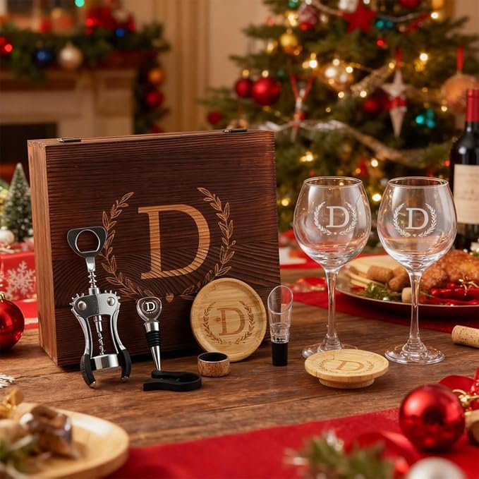 GZLDGIFTS Personalized Initial Wine Glasses Box Gift Set For Women Mom Engraved Birthday Monogrammed Wooden Christmas Gifts Wedding Anniversary Wine Couples Stopper Opener Initial Letterr (A Set)