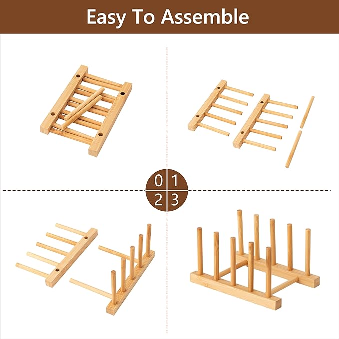 HBlife 2pcs Bamboo Dish Plate Bowl Cup Book Pot Lid Cutting Board Drying Rack Stand Drainer Storage Holder Organizer Kitchen Cabinet（Keep Dry）