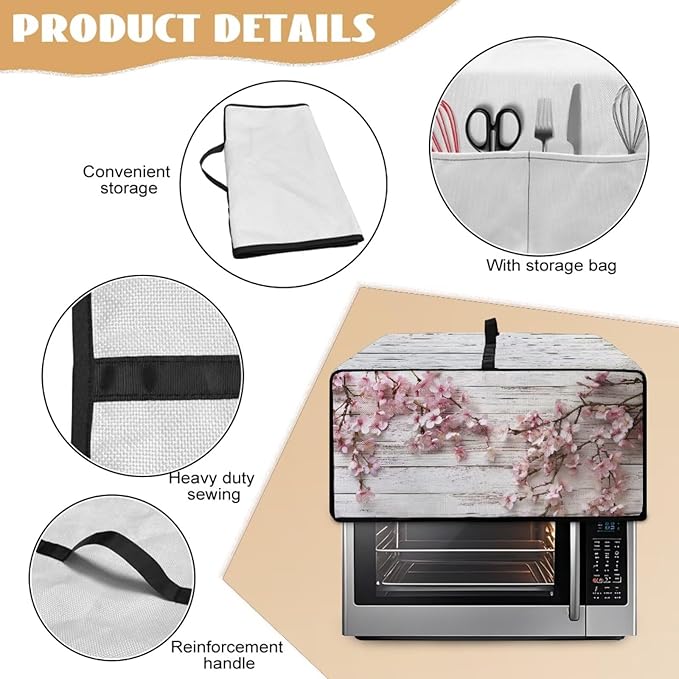 Air Fryer Toaster Oven Dust Cover Countertop Microwave Dust Cover Protector, Compatible with Convection Oven, M, 16.5 x 20.5 x 10 inches, Peach Blossom White Wood Grain