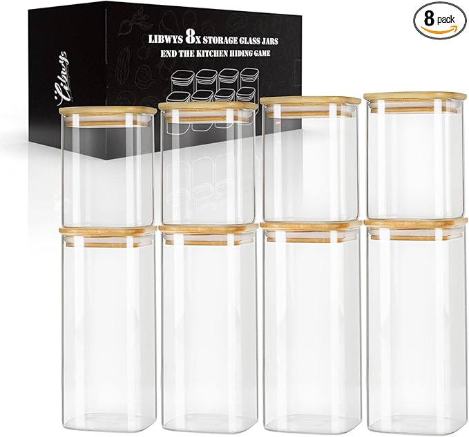 LIBWYS 8-Pack Square Glass Storage Jars with Bamboo Lids (0.6Qt/1.06Qt) - Stackable Food Containers for Pantry Organization, Coffee, Flour, Snacks, Tea | Kitchen Canisters Set