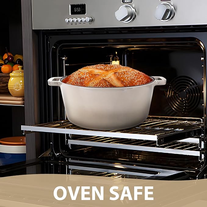 TeamFar 5 Quart Dutch Oven, 2 In 1 Enameled Cast Iron Dutch Oven Pot Cookware with Skillet Lid, for Bread Baking Braising Stewing Roasting, Sturdy & Nonstick, Oven Safe & Fit for Induction (Khaki)