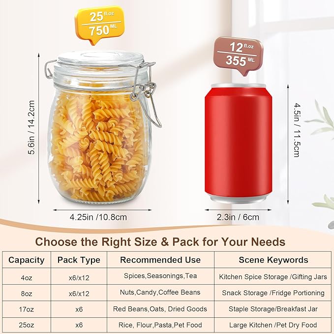 Glass Jars with Airtight Lids, 26oz Glass Storage Jars Set of 6, Thick Food Storage Containers for Pantry Organization, Kitchen Counter, Coffee, Pasta, Cereal