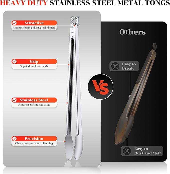 Grill Tongs - 12 Inch & 17 Inch Extra Long BBQ Tongs, Heat Resistant Stainless Steel Kitchen Tong, Heavy Duty Metal Locking Tong for Cooking, Grilling, BBQ/Barbecue, Food (12+17 inch)