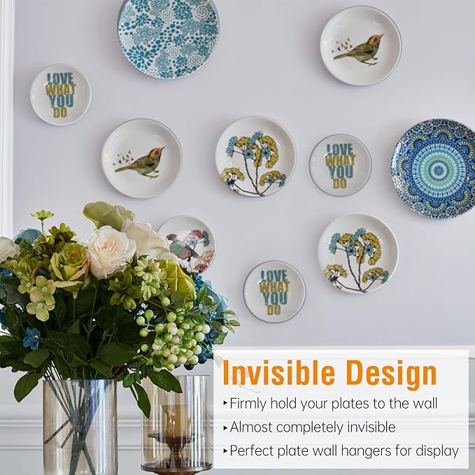 Bilillo 20 pcs Plate Hangers for The Wall, 4/6/8/10 Inch Invisible Decorative Wall Plates Hangers, Stainless Steel Plate Wall Holders for Display Various Sizes with Hooks for Decorative Gold