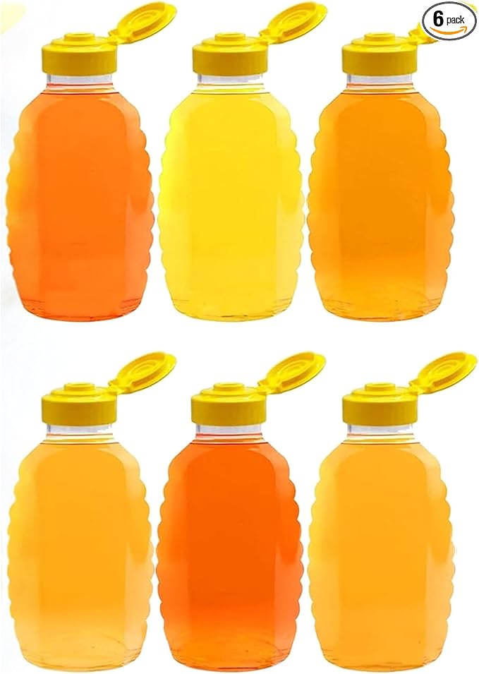 Skywin TidyFriend Honey Bottles 16 oz – 6 Pack Empty Honey Squeeze Bottle with Flip Lid & Seal, Clear Plastic Beehive Design, PET Containers