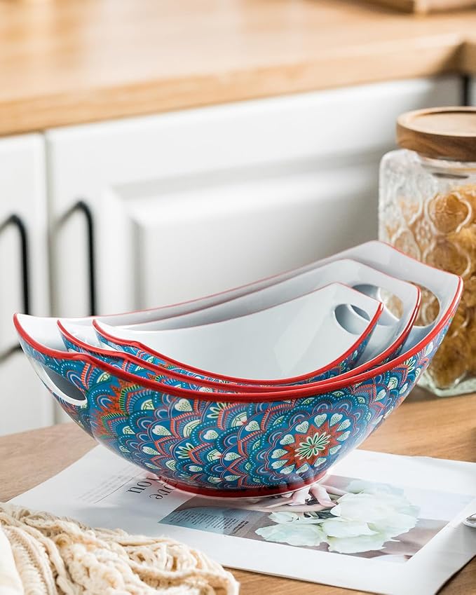 LAUCHUH Serving Bowls with Handles, Bohemian Porcelain Serving Dishes for Entertaining Colorful Nesting Bowls Salad Bowls for Kitchen, Mother's Day Party, Set of 3, 15/28/49 oz, Blue and Red