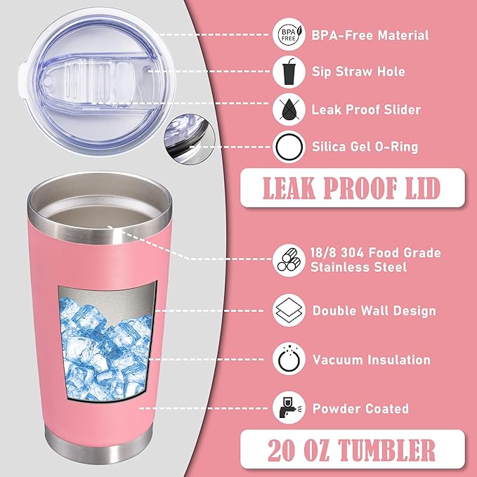 20 oz Tumbler Coffee Travel Tumblers Bulk with Lid Stainless Steel Double Wall Vacuum Insulated Mug Powder Coated Cups fit Car Cupholder for Hot and Cold - Pink, 8Pack