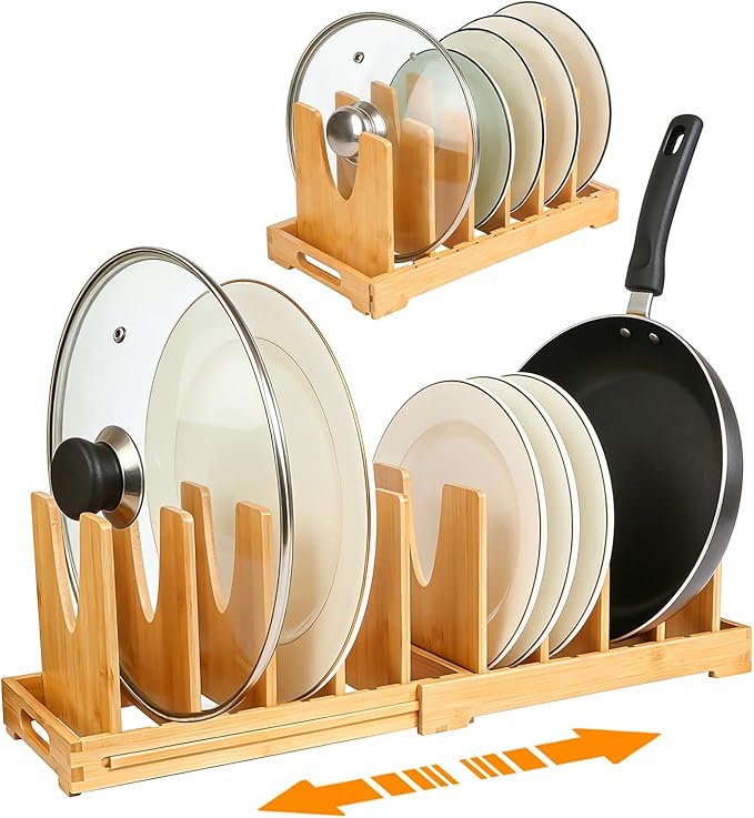Pot and Pan Organizer for Under Cabinet, Expandable Pot Lid Organizer with 10 Adjustable Dividers, For Kitchen Cabinet Organizers and Storage