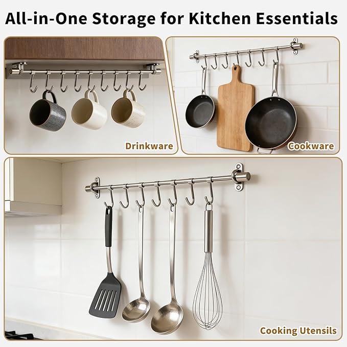 20" Kitchen Utensil Rack with Adjustable Holes - 8 Sliding Hooks 304 Stainless Steel, Pots and Pans Hanging Rack Wall Mounted 2 Packs