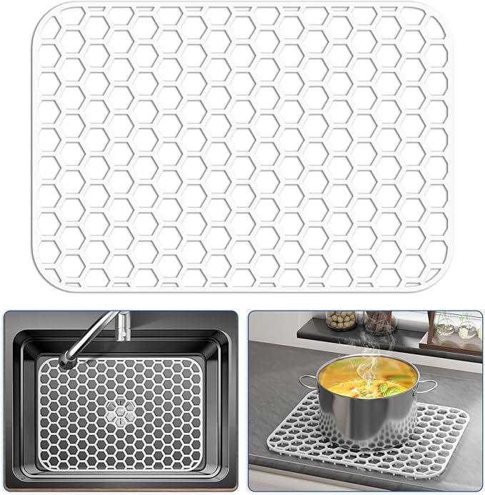 Bestjing Silicone Sink Protectors for Kitchen Sink - 18.3"x12.5" Kitchen Protector Accessory, Non-Slip Heat Resistant Mat for Bottom of Farmhouse Porcelain Stainless Steel (White)