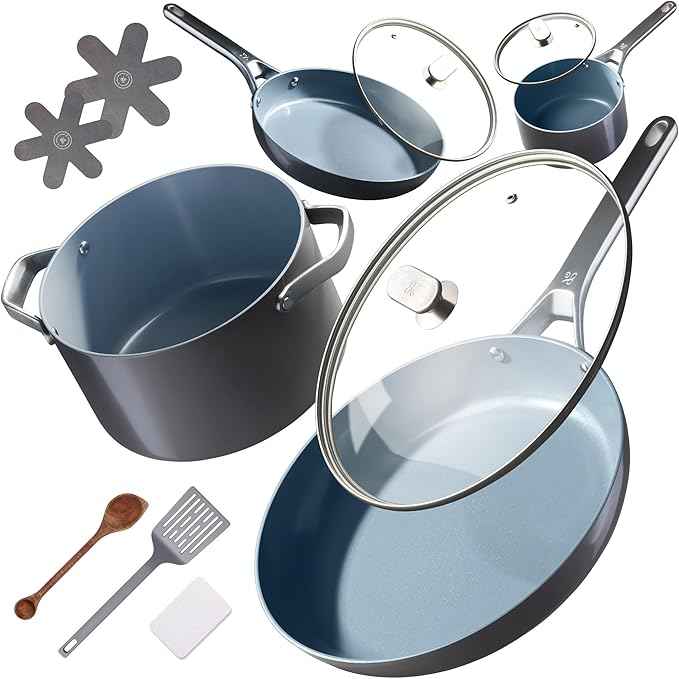 Premium Non-Toxic Ceramic Cookware Set – Triple-Layer Nonstick 12 Piece Pots and Pans with Lids, PFAS-Free, Oven Safe for Healthy Meals, Space-Saving Design, Midnight Gray Color | Greater Goods