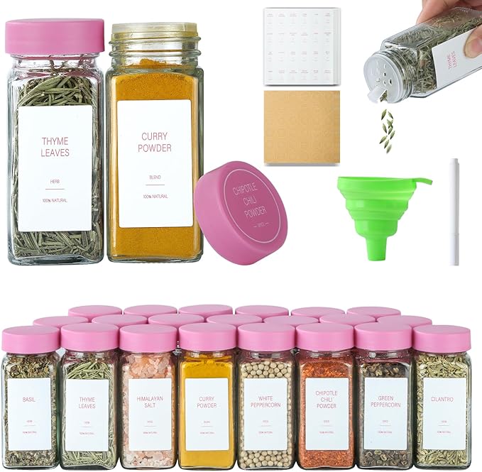 Pink Spice Jars with Label，4oz Seasoning Containers, Glass Spice Bottles with Shaker Lids,Funnel, Chalk Pen (Pink, 48)