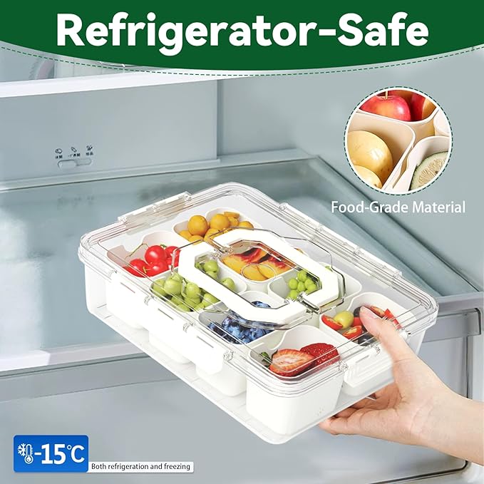 REBECAT Divided Serving Tray with Lid and Handles 8 Compartments Snack Box Container Charcuterie Organizer Snackle Box Container for Candy,Nuts，Fruits,Snacks,2 Pack,White