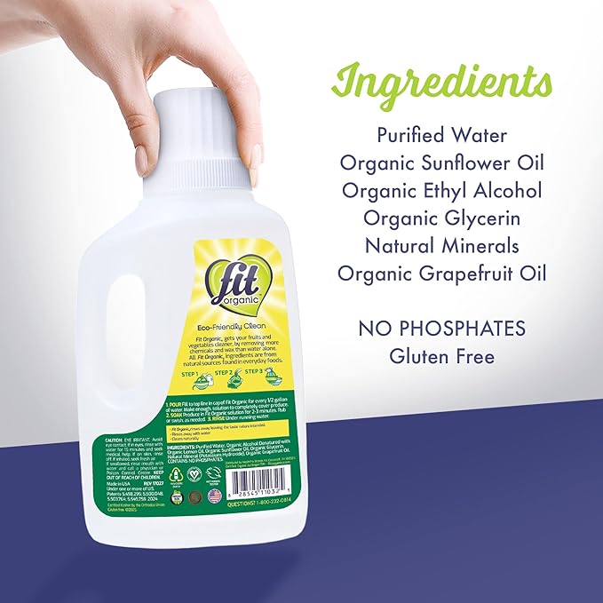 Fit Organic Soaker Produce Wash – USDA Certified Organic & Kosher Fruit and Vegetable Cleaner – Removes Surface Contaminants – Family & Pet Safe, Chemical-Free – 32 Oz (2-Pack)