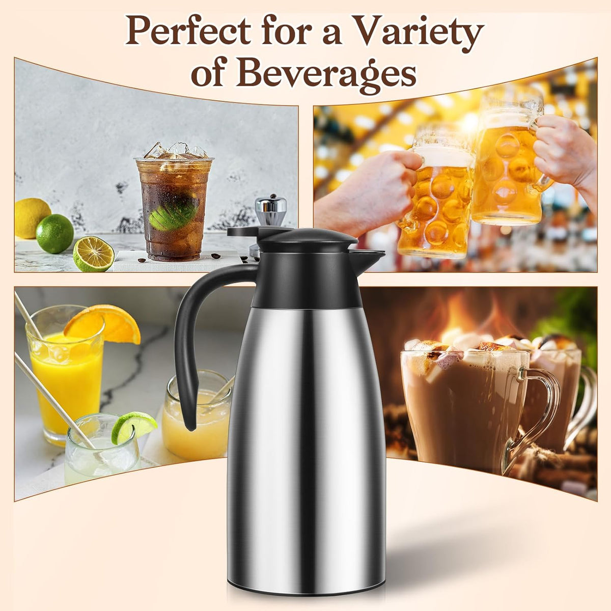1 PCS 68 OZ Thermal Coffee Carafe, Insulated Stainless Steel Coffee Carafe Double Walled Vacuum Thermal Pot Flask with Brushes Thermos for Keeping Hot Coffee Tea Home and Office (Silver)