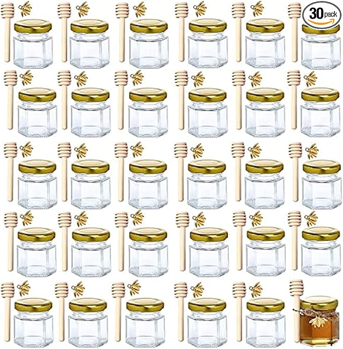 XING-RUIYANG 1.5 oz Hexagon Mini Glass Honey Jars -30Pack Honey Jars with Wood Dipper, Gold Lid, Bee Pendants, Jutes - Perfect for Baby Shower, Wedding Favors, Party Favors