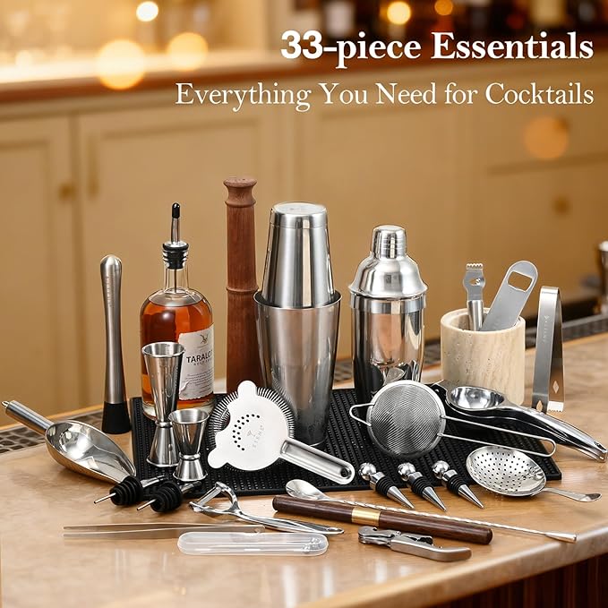 ETENS 33-Piece Professional Bartender Kit with Weighted Boston Shaker – High End Mixology Set for Home Bar – Stainless Steel Barware Tool Set Unbreakable Citrus Squeezer, Ice Scoop & Mixing Glass