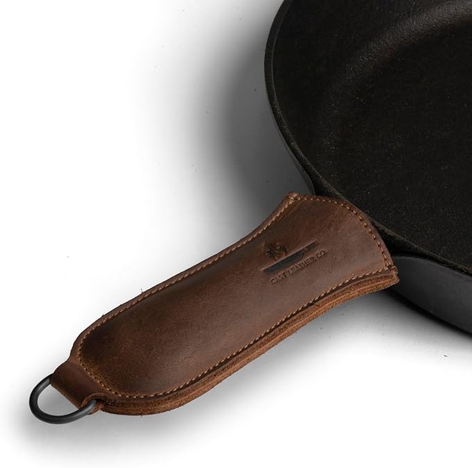 Hot Handle Panhandle with Half Ring, Potholder, Cookware Slides On/Off Easily onto Metal Skillet Grips, Full Grain Leather, Handmade, Bourbon Brown