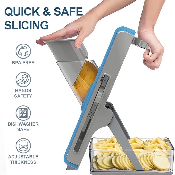 Mandoline Slicer Safe Multifunctional Dicer Adjustable Commercial Slicer Machine Stainless Steel Chopper (Grey Light Blue)