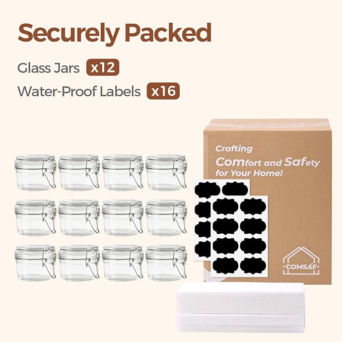 ComSaf 4oz Glass Spice Jars with Airtight Lids (Value Pack of 12), Bulk Mini Mason Jars for DIY Wedding Favors, Spices, Herbs & Crafts, 120ml Small Glass Canisters for Complete Pantry Organization