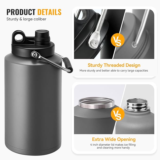 Kerilyn Insulated Gallon Jug with Handle, One Gallon, 128oz Stainless Steel, Large Double Vacuum Water Bottle for Hot & Cold Drinks, Wide Mouth, Sweat Proof, Great for Travel, Camping, Dark Grey