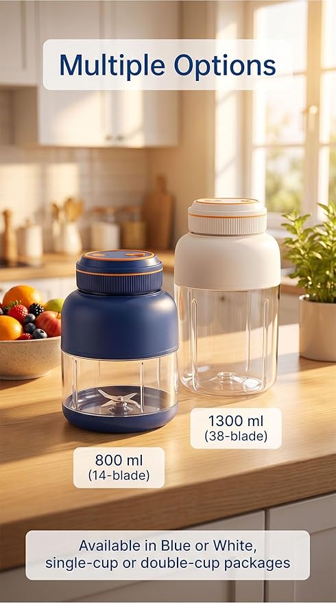 Portable Wireless Juicer Cup - 44 oz Cordless Blender with 38-Blade 18000 RPM High-Speed Motor, USB-C Rechargeable Personal Smoothie Maker for Gym, Travel, and Outdoors (Single Cup-Blue,28oz)