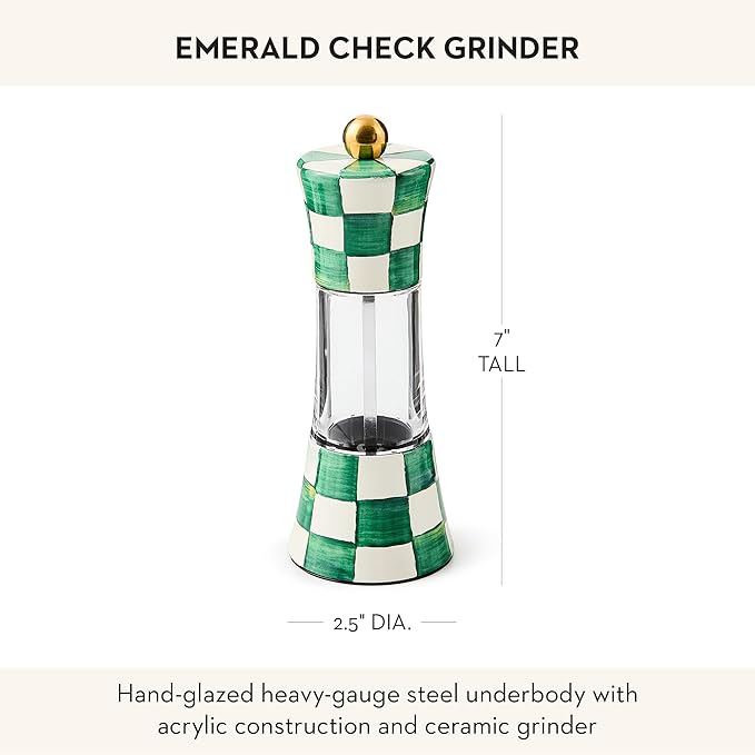 MACKENZIE-CHILDS Enamel Grinder, Refillable Manual Salt and Pepper Grinder, Green-and-White Emerald Check
