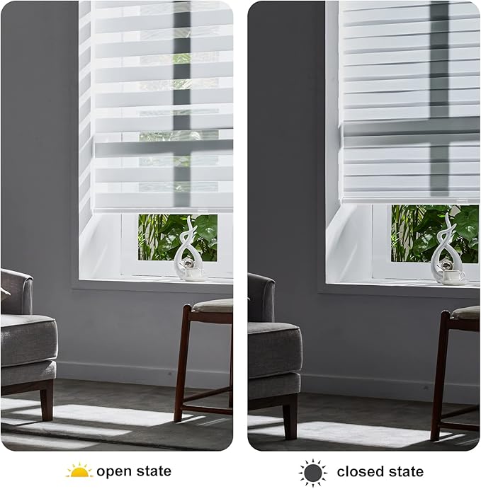Persilux Cordless Zebra Blinds for Indoor Windows, Free-Stop Zebra Blinds Cordless, Light Filtering Sheer Shades Dual Layer for Day and Night, Zebra Roller Shades for Home (33.5" W X 64" H, White)