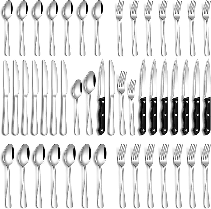 PHILIPALA Silverware Set, 48-Piece Flatware Set with Steak Knives for 8, Stainless Steel Mirror Cutlery Include Forks Spoons and Knives Set, Dishwasher Safe Utensils Set for Home Restaurant