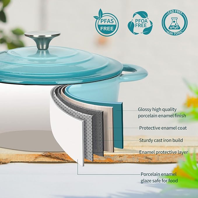 Cast Iron Dutch Oven 4.5 Quart Enameled Cast Iron Dutch Oven Pot with lid Heavy Duty Dutch Oven Dual Handles Porcelain Enameled Cast Iron Pot for Baking Braiser Cooking Family or Friends Gifts,Aqua