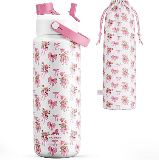 POWCAN 32 oz Insulated Water Bottle with 2-in-1 Straw and Spout Lid, Keep Cold 24H, Leak-Proof, BPA-Free, Double Wall Stainless Steel Water Bottle for Sports, Gym, Travel, Gift, Home (Rosy Bouquet)