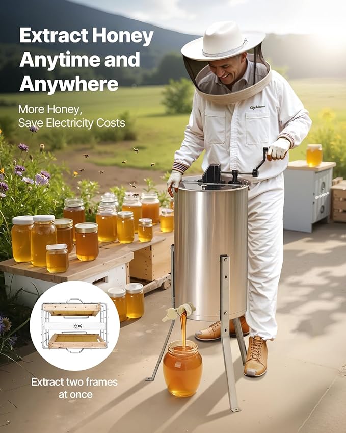 VEVOR Honey Extractor, 2 Frame Manual Honey Extractor with Transparent Lid, Stainless Steel Honeycomb Drum Spinner with Height Adjustable Stand,Honeycomb Extraction Centrifuge Equipment for Beekeeping