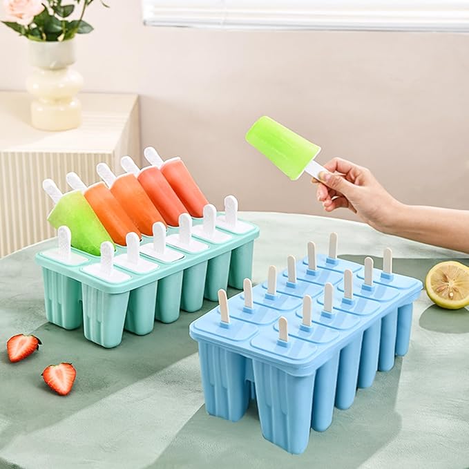 2 Sets of 12 Cavity Silicone Popsicles Molds with Brush 100 pcs Sticks Blue Green