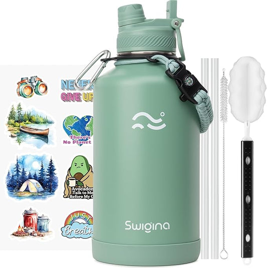 Swigina [2-IN-1 LID] 64 oz Insulated Water Bottle with Silicone Boot (48hrs Cold/24hrs Hot) - DIY Stickers, Leakproof, BPA Free, Half Gallon