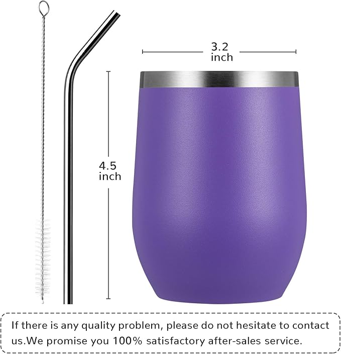 MEWAY Stemless 12oz Wine Tumbler Glasses with Lid -Insulated Double Wall Vacuum Stainless Steel Travel Tumbler with Straw,for Woman Under 10 dollars (Purple,1)
