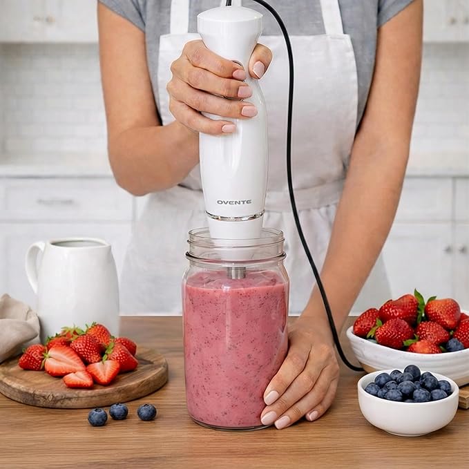 OVENTE Immersion Hand Blender, 300W Electric Handheld Stick Mixer with 2 Mixing Speeds and Stainless Steel Blades for Smoothies, Purees & Baby Food, White HS560W